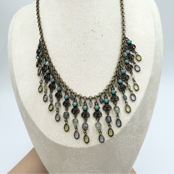 Avon Bohemian Antiqued Brass Turquoise Enamel Dangle Blue Green Bib Necklace - Picture 3 of 8